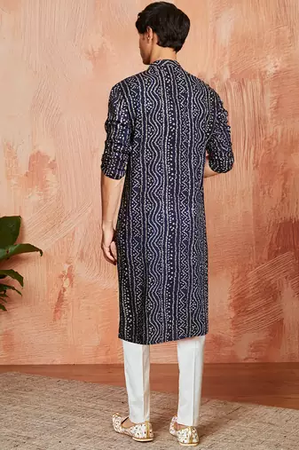 blue foil bandhani digital print rayon kurta with cream viscose pyjama | festive casual wear