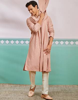 peach chikankari rayon kurta with cream pyjama & peach embroidered dupatta | distinctive festive ensemble 1