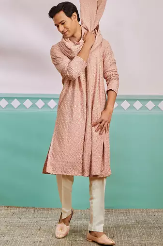 peach chikankari rayon kurta with cream pyjama & peach embroidered dupatta | distinctive festive ensemble