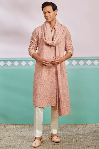 peach chikankari rayon kurta with cream pyjama & peach embroidered dupatta | distinctive festive ensemble