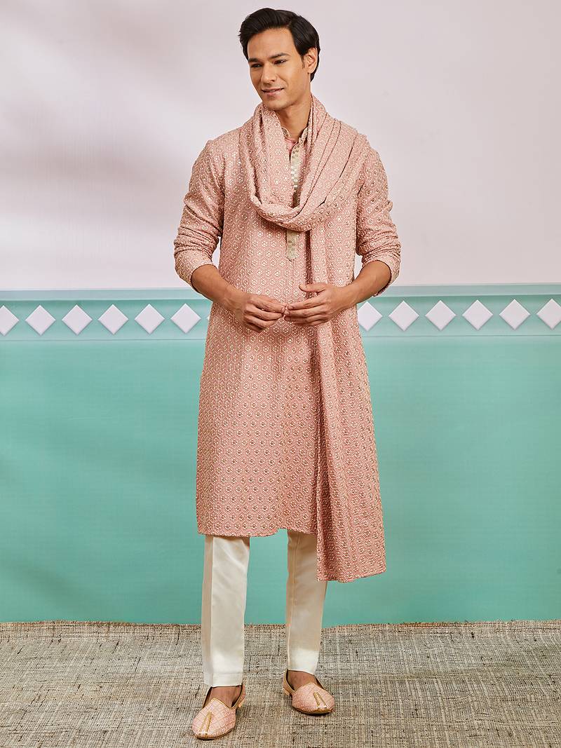 peach chikankari rayon kurta with cream pyjama & peach embroidered dupatta | distinctive festive ensemble