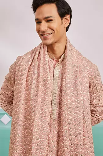 peach chikankari rayon kurta with cream pyjama & peach embroidered dupatta | distinctive festive ensemble