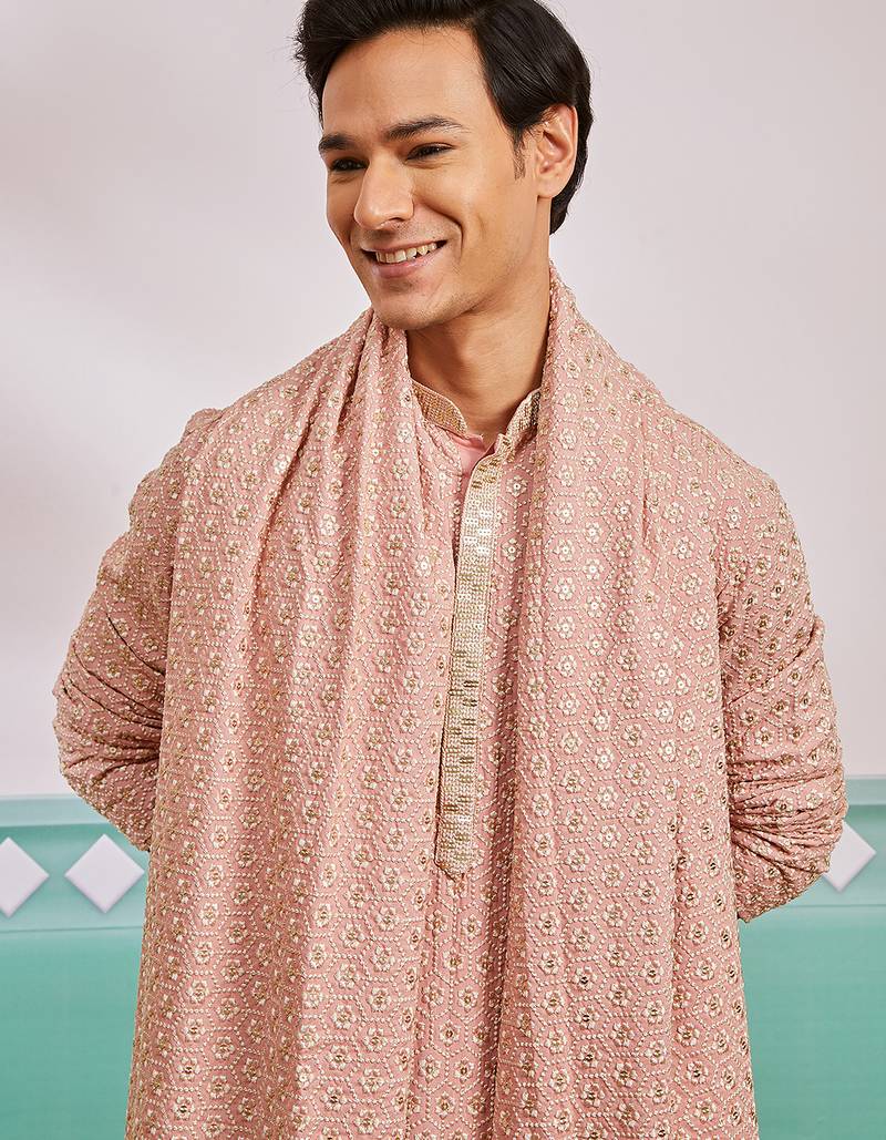 peach chikankari rayon kurta with cream pyjama & peach embroidered dupatta | distinctive festive ensemble