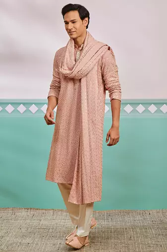 peach chikankari rayon kurta with cream pyjama & peach embroidered dupatta | distinctive festive ensemble