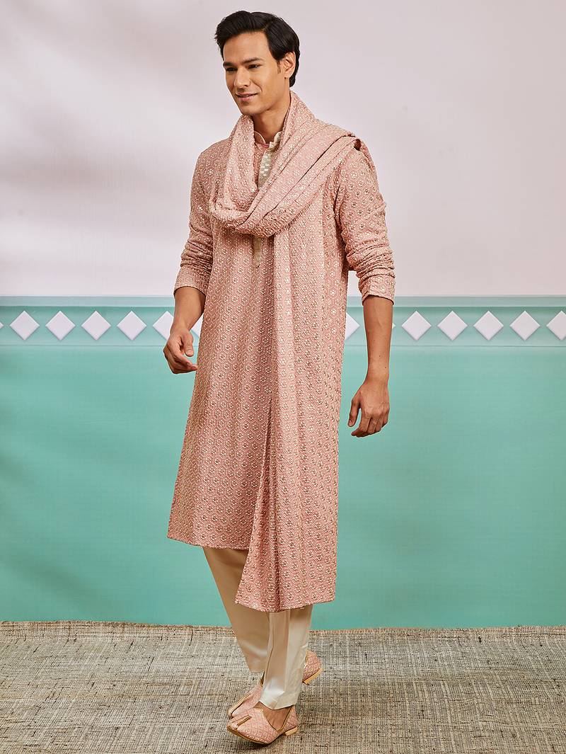 peach chikankari rayon kurta with cream pyjama & peach embroidered dupatta | distinctive festive ensemble