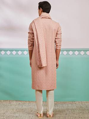 peach chikankari rayon kurta with cream pyjama & peach embroidered dupatta | distinctive festive ensemble 5