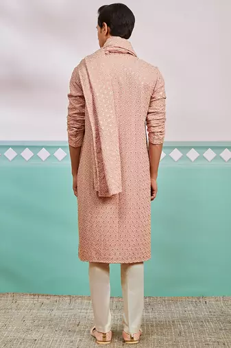 peach chikankari rayon kurta with cream pyjama & peach embroidered dupatta | distinctive festive ensemble