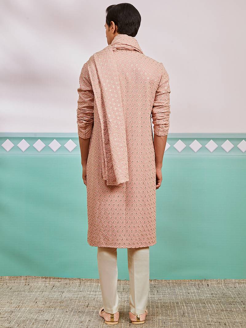 peach chikankari rayon kurta with cream pyjama & peach embroidered dupatta | distinctive festive ensemble