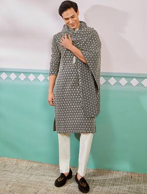 black chikankari embroidered kurta set with cream satin pyjama & black dupatta | eid wedding wear 1