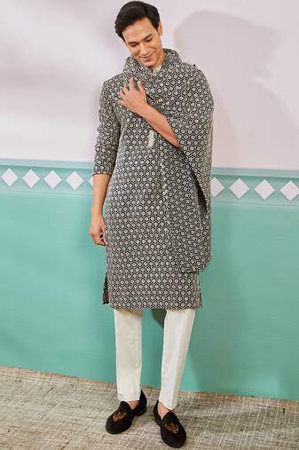 black chikankari embroidered kurta set with cream satin pyjama & black dupatta | eid wedding wear