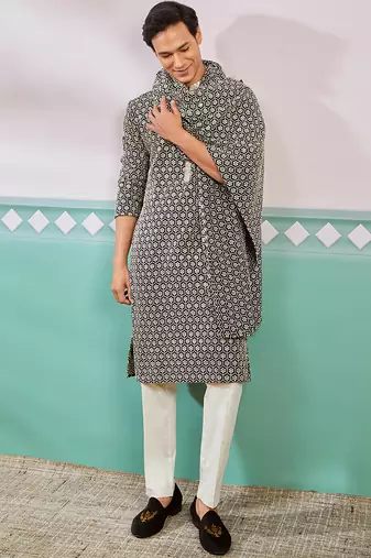 black chikankari embroidered kurta set with cream satin pyjama & black dupatta | eid wedding wear