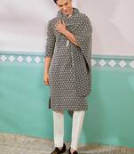 black chikankari embroidered kurta set with cream satin pyjama & black dupatta | eid wedding wear