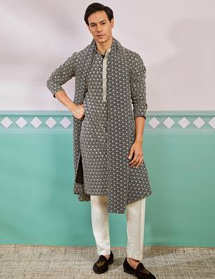 black chikankari embroidered kurta set with cream satin pyjama & black dupatta | eid wedding wear 2