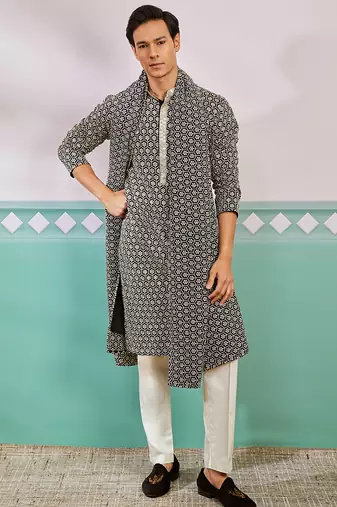 black chikankari embroidered kurta set with cream satin pyjama & black dupatta | eid wedding wear