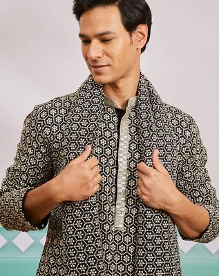 black chikankari embroidered kurta set with cream satin pyjama & black dupatta | eid wedding wear 3