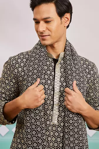 black chikankari embroidered kurta set with cream satin pyjama & black dupatta | eid wedding wear
