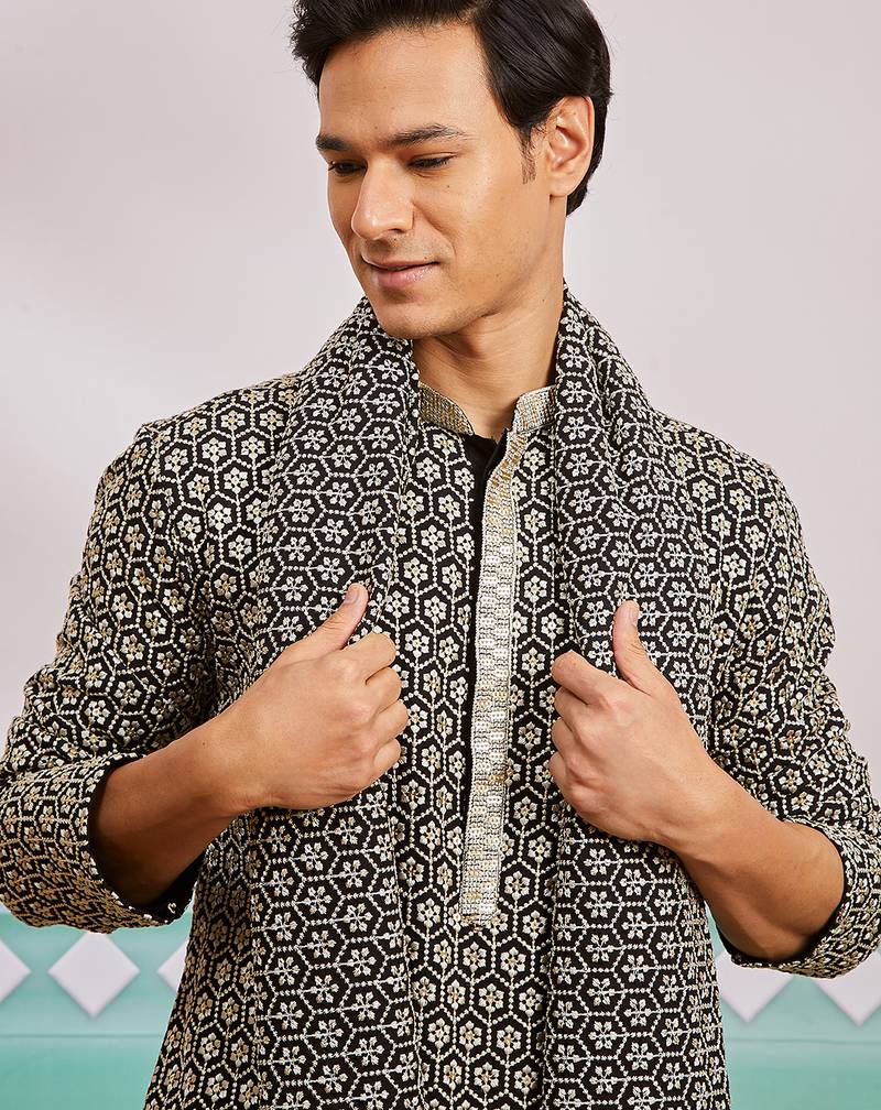 black chikankari embroidered kurta set with cream satin pyjama & black dupatta | eid wedding wear