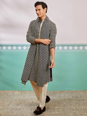 black chikankari embroidered kurta set with cream satin pyjama & black dupatta | eid wedding wear 4