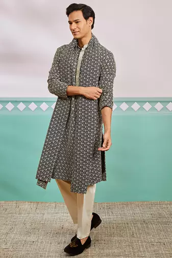 black chikankari embroidered kurta set with cream satin pyjama & black dupatta | eid wedding wear