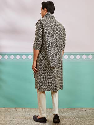 black chikankari embroidered kurta set with cream satin pyjama & black dupatta | eid wedding wear 5