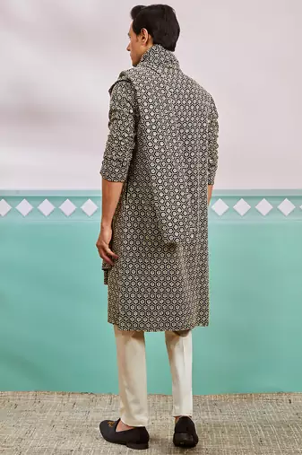 black chikankari embroidered kurta set with cream satin pyjama & black dupatta | eid wedding wear