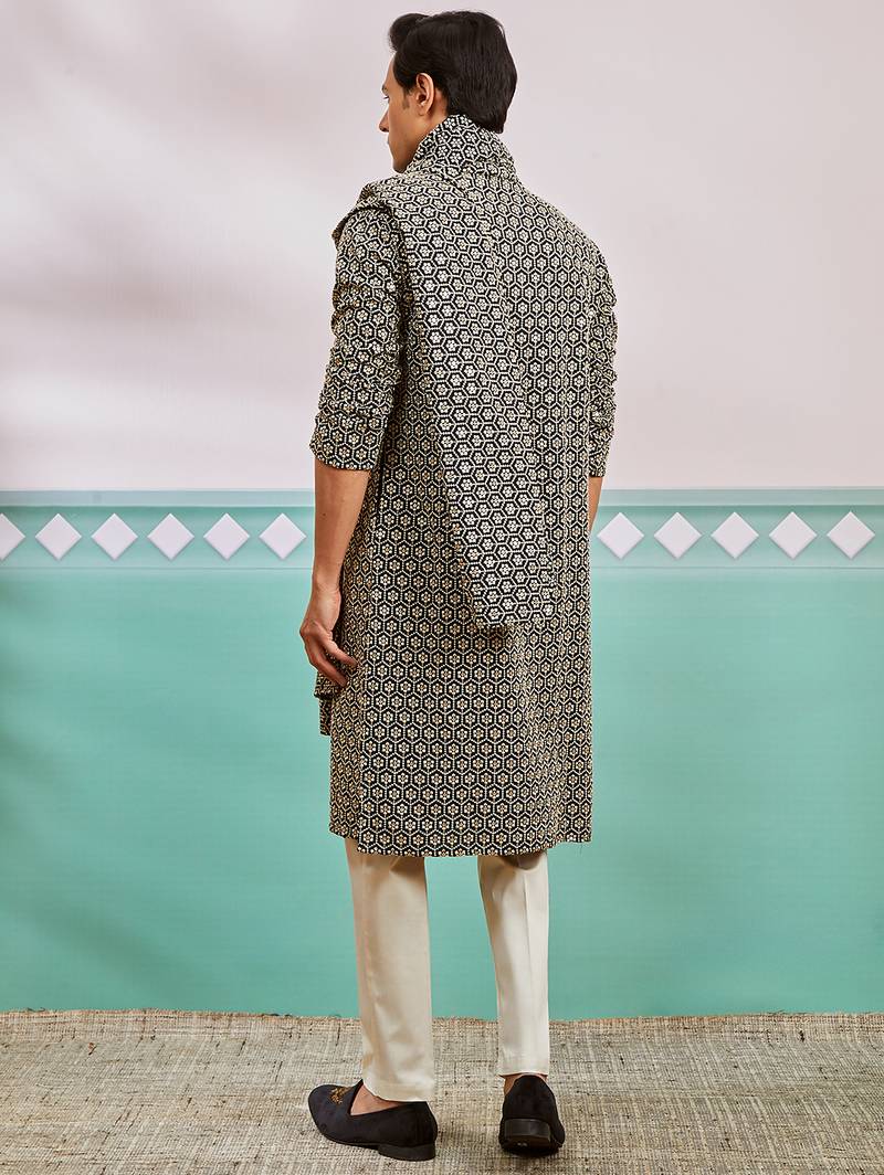 black chikankari embroidered kurta set with cream satin pyjama & black dupatta | eid wedding wear