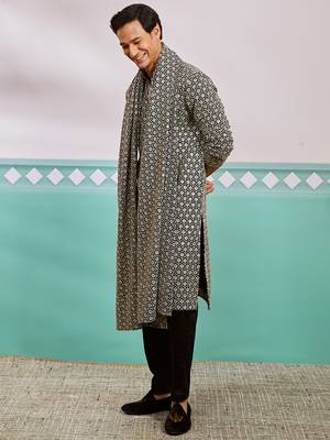 black chikankari embroidered kurta set with fine satin pyjama & embroidered dupatta | eid wedding wear 1