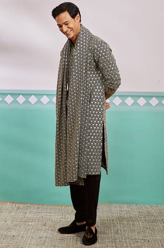 black chikankari embroidered kurta set with fine satin pyjama & embroidered dupatta | eid wedding wear