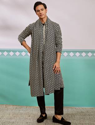 black chikankari embroidered kurta set with fine satin pyjama & embroidered dupatta | eid wedding wear 2