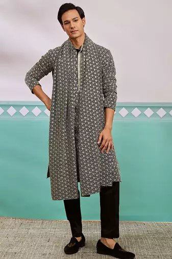 black chikankari embroidered kurta set with fine satin pyjama & embroidered dupatta | eid wedding wear