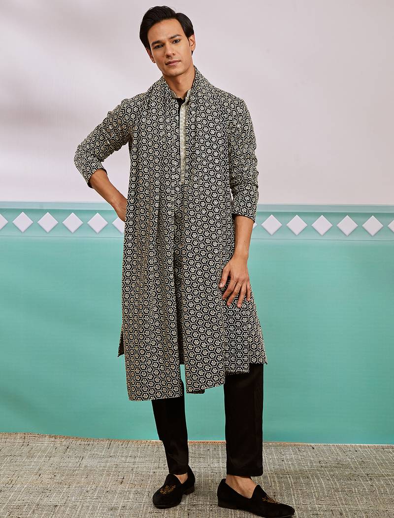 black chikankari embroidered kurta set with fine satin pyjama & embroidered dupatta | eid wedding wear