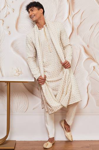 off white chikankari embroidered kurta set with cream satin pyjama & embroidered dupatta | eid wedding wear