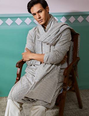 grey chikankari rayon kurta with cream pyjama & grey embroidered dupatta | complete festive set 1