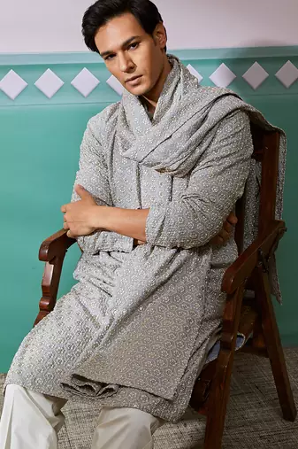 grey chikankari rayon kurta with cream pyjama & grey embroidered dupatta | complete festive set