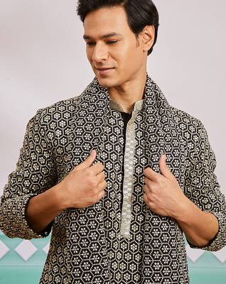 black chikankari embroidered kurta set with fine satin pyjama & embroidered dupatta | eid wedding wear 3