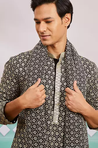 black chikankari embroidered kurta set with fine satin pyjama & embroidered dupatta | eid wedding wear