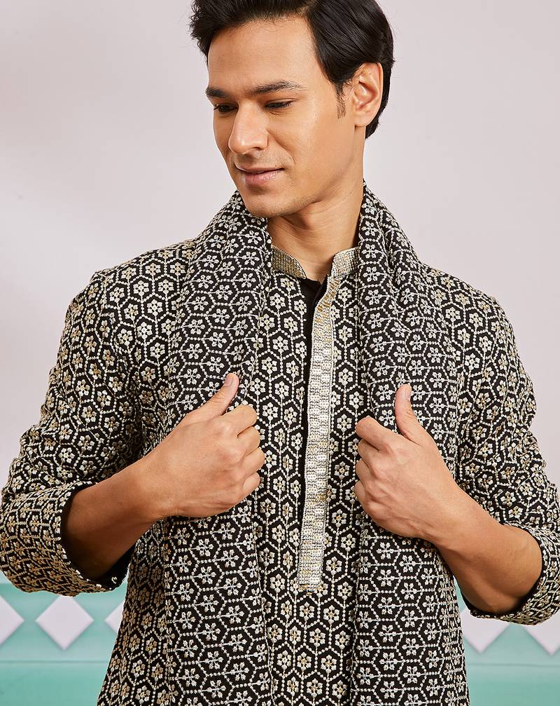 black chikankari embroidered kurta set with fine satin pyjama & embroidered dupatta | eid wedding wear