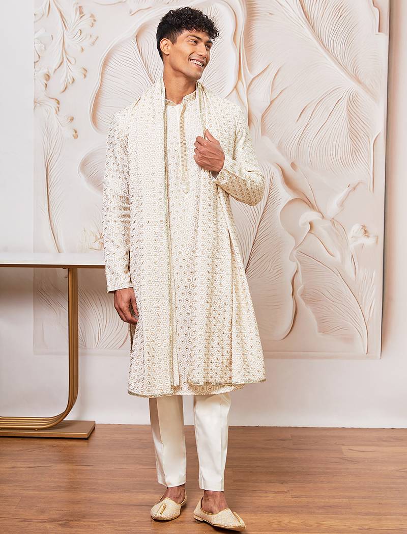 off white chikankari embroidered kurta set with cream satin pyjama & embroidered dupatta | eid wedding wear