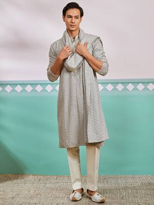 grey chikankari rayon kurta with cream pyjama & grey embroidered dupatta | complete festive set 2