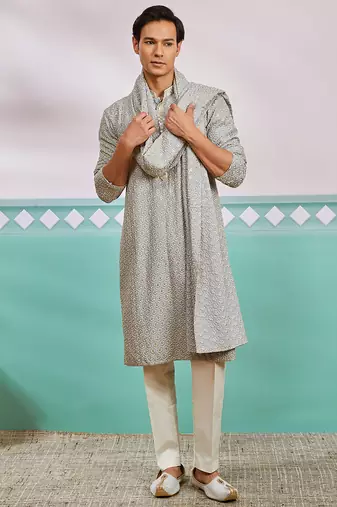 grey chikankari rayon kurta with cream pyjama & grey embroidered dupatta | complete festive set