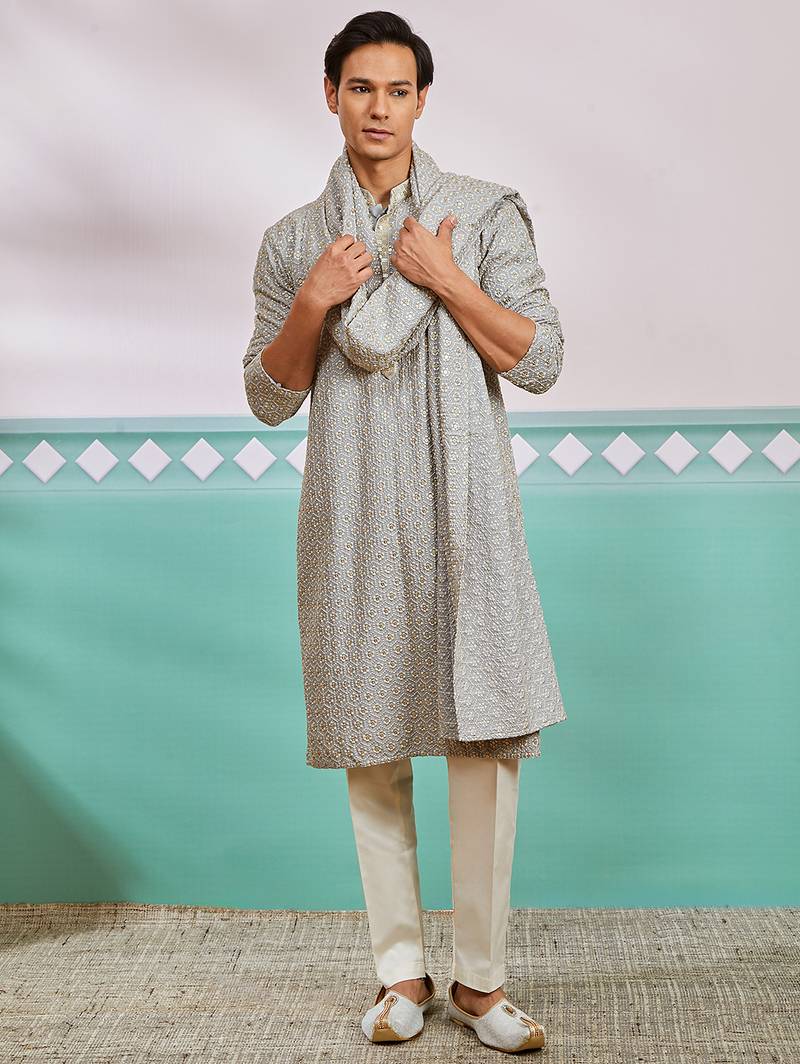 grey chikankari rayon kurta with cream pyjama & grey embroidered dupatta | complete festive set