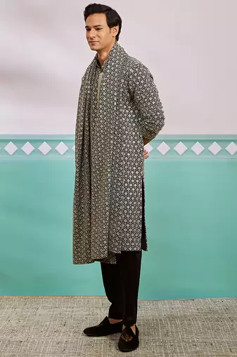 black chikankari embroidered kurta set with fine satin pyjama & embroidered dupatta | eid wedding wear