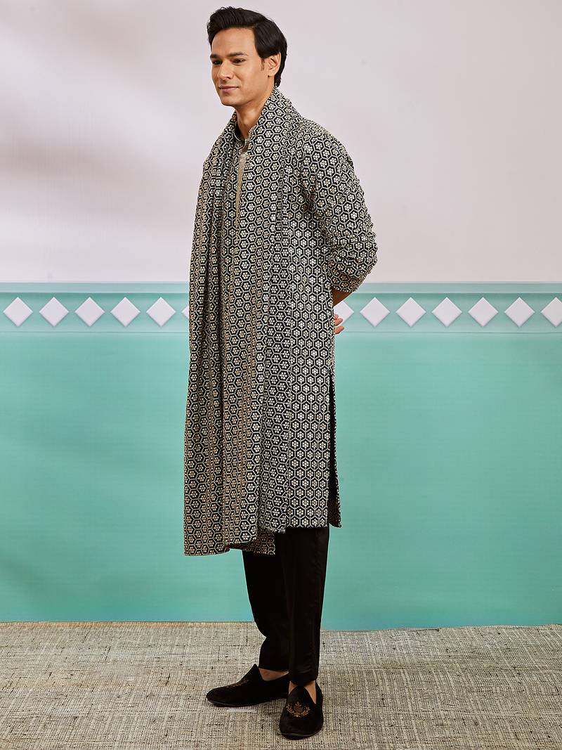 black chikankari embroidered kurta set with fine satin pyjama & embroidered dupatta | eid wedding wear