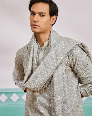 grey chikankari rayon kurta with cream pyjama & grey embroidered dupatta | complete festive set 3