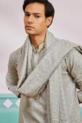 grey chikankari rayon kurta with cream pyjama & grey embroidered dupatta | complete festive set