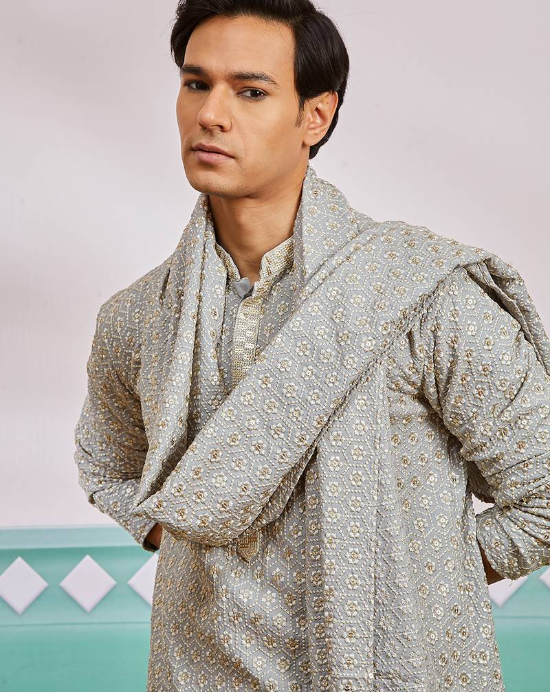 grey chikankari rayon kurta with cream pyjama & grey embroidered dupatta | complete festive set