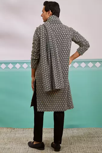 black chikankari embroidered kurta set with fine satin pyjama & embroidered dupatta | eid wedding wear