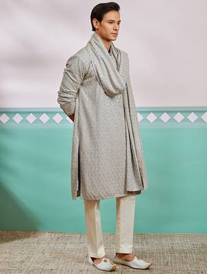grey chikankari rayon kurta with cream pyjama & grey embroidered dupatta | complete festive set 4