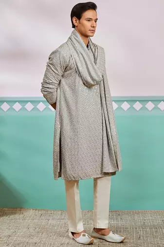 grey chikankari rayon kurta with cream pyjama & grey embroidered dupatta | complete festive set