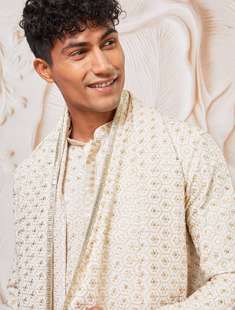 off white chikankari embroidered kurta set with cream satin pyjama & embroidered dupatta | eid wedding wear